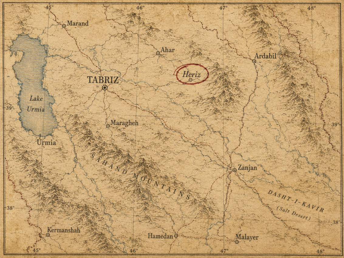 Heriz shown marked on an antique map of Iran