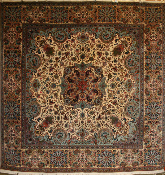Semi-Antique Persian Tabriz Wool & Silk Square Rug